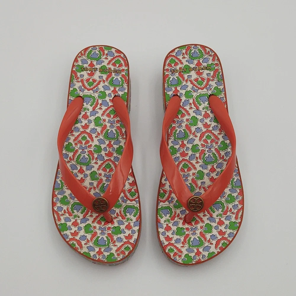 Tory Burch Wedge Flip Flop Sandals Paisley Cut Out Coral 6 Boho Resort Lounge